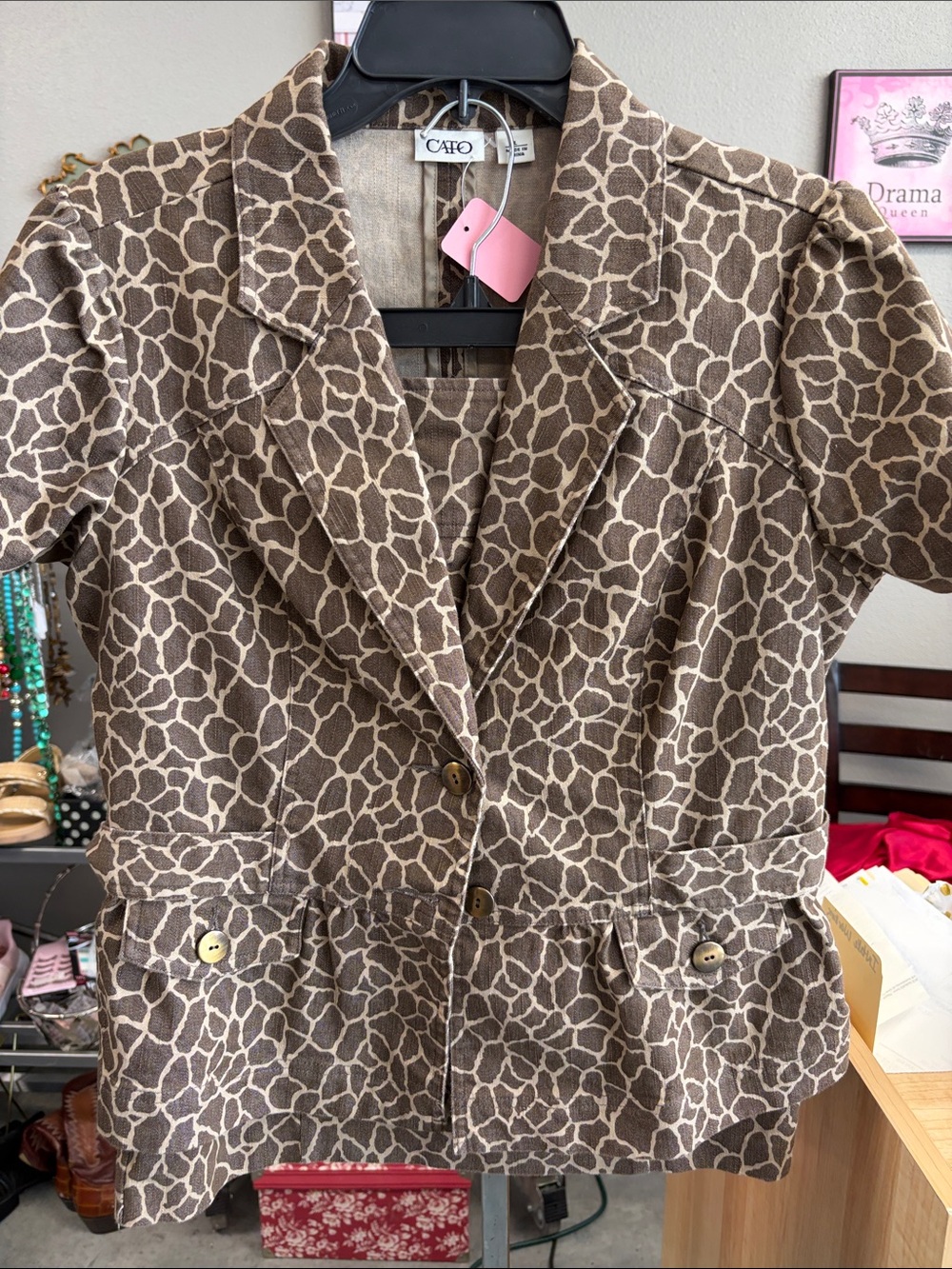 Cato Brown Giraffe Print Short Sleeve Blazer skirt set Q6Q98H
